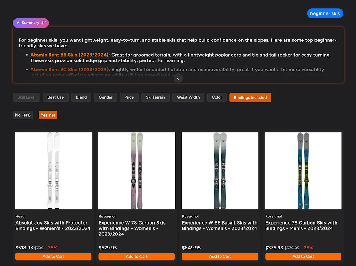 Shoply AI Search results showing AI Summary, smart filters, and product results