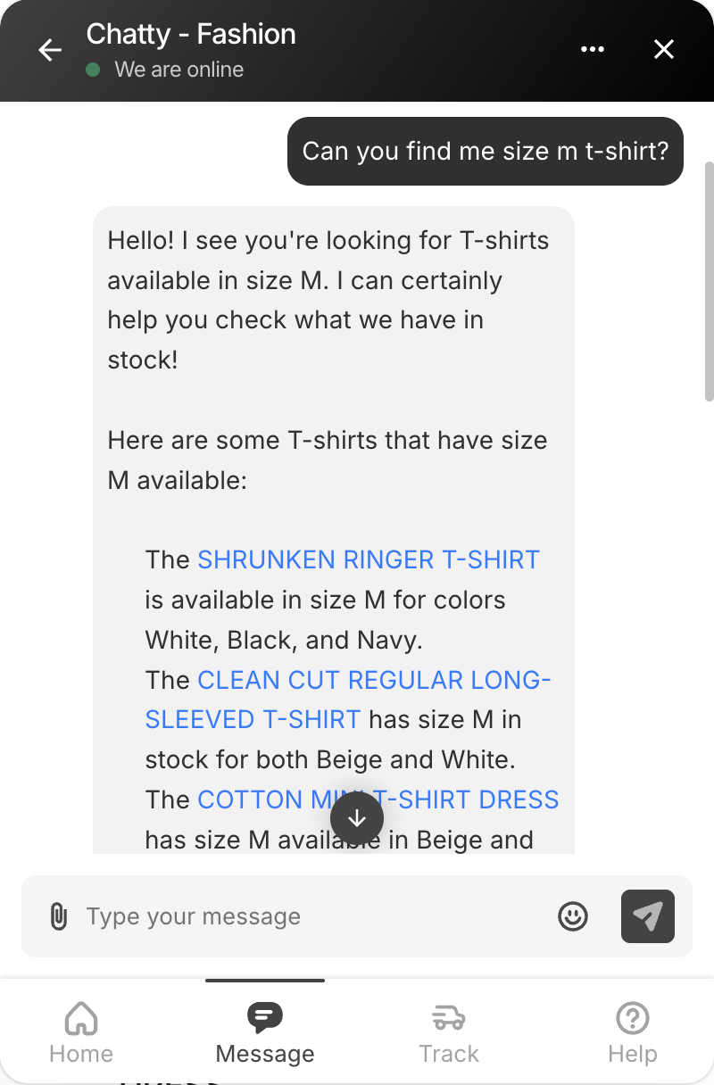Example for finding t-shirt through Chatty