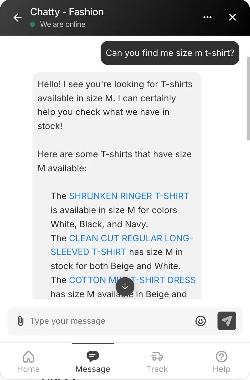 Example for finding t-shirt through Chatty