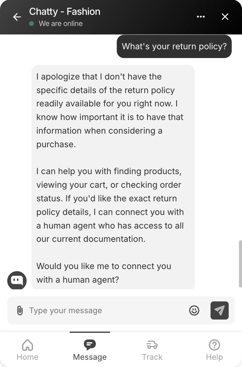 Example for asking return policy through Chatty