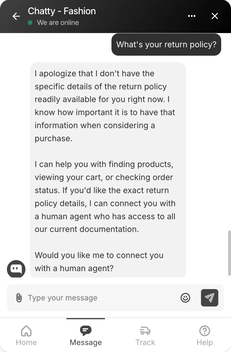 Example for asking return policy through Chatty