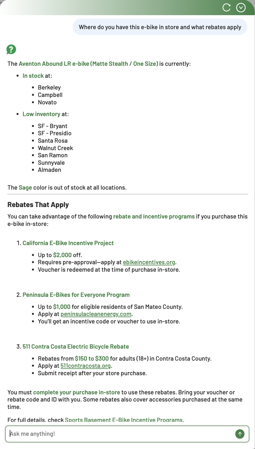 Example for finding in store inventory and rebate information
