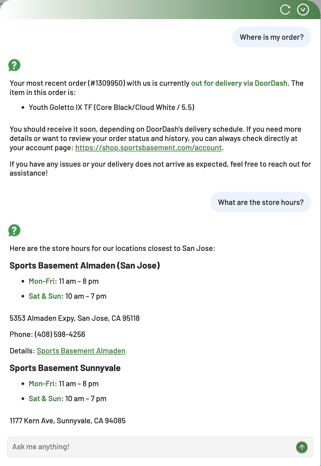 Example for order tracking and store hours inquiry