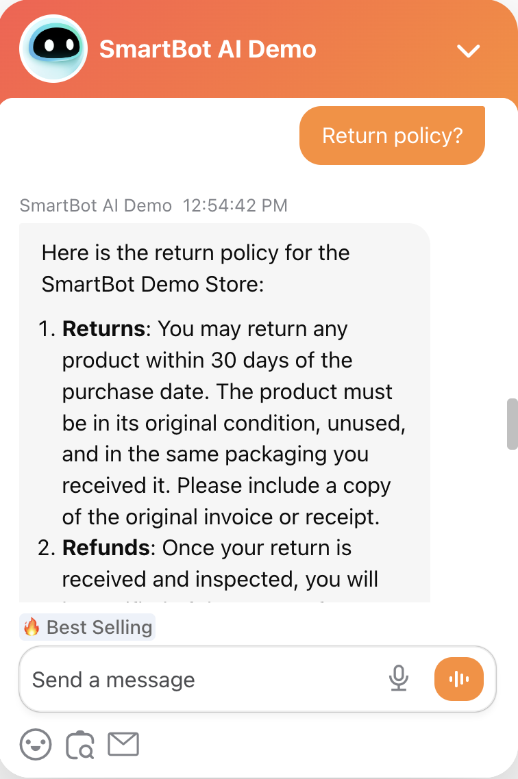 Example for finding return policy through Smartbot