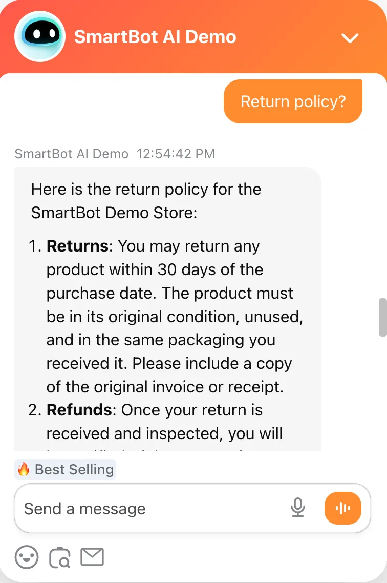 Example for finding return policy through Smartbot