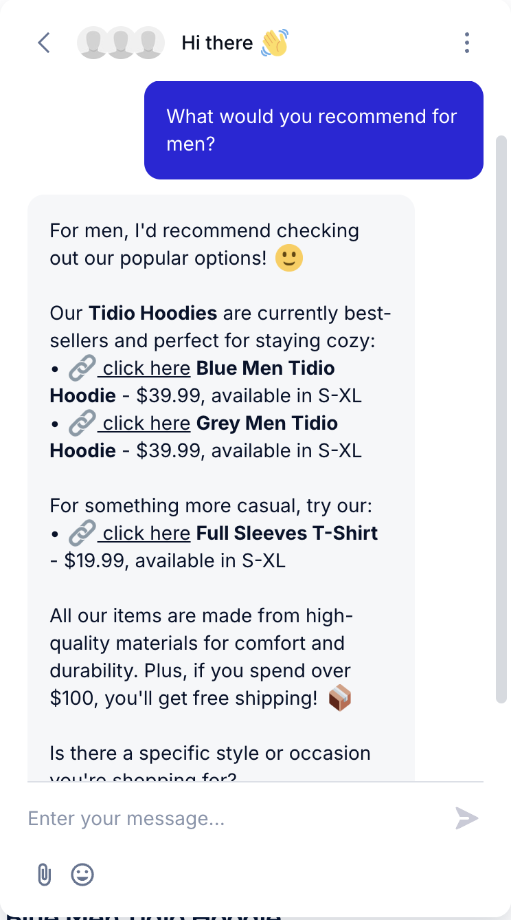 Example for recommendation through Tidio
