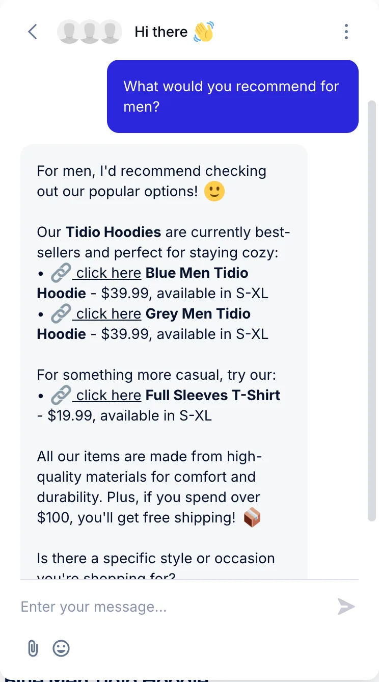 Example for recommendation through Tidio