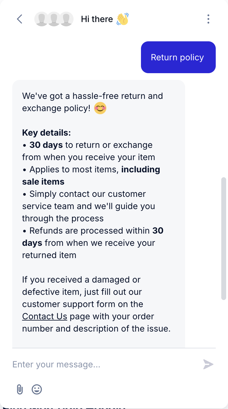 Example for finding return policy through Tidio